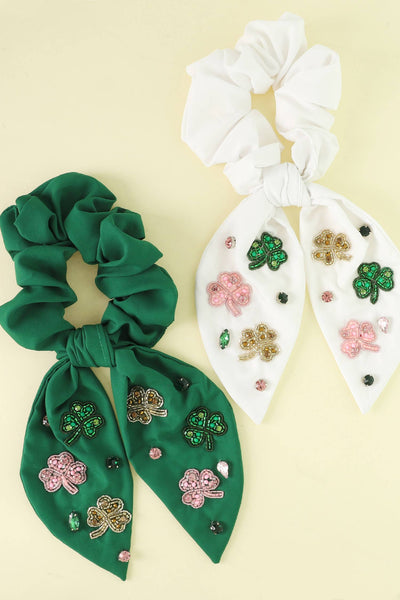 St Patrick's Shamrock Big Bow Uplifting Scrunchie : White