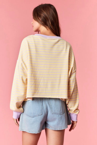 Striped French Terry Cropped Top - Light Yellow & Lavender