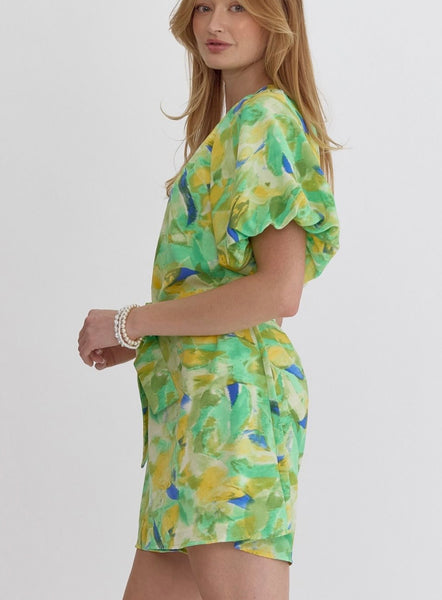 Harper Puff Sleeve Romper - Green Multi