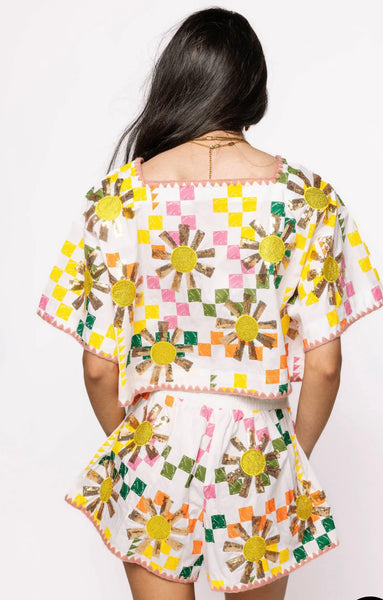 Queen of Sparkles - White Multi Checkered Sun Top