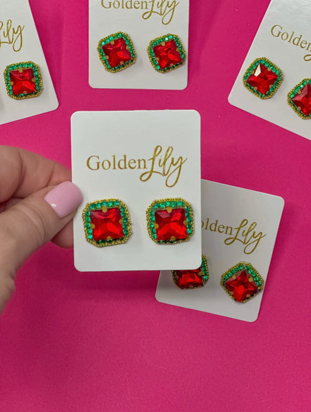 Golden Lily - Christmas Rhinestone Stud Earrings