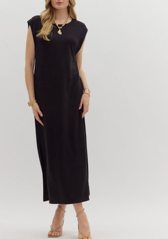 Adeline Solid Midi Dress - Black