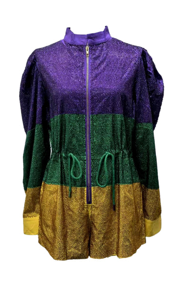 Queen of Sparkles - Mardi Gras Colorblock Full Rhinestone L/S Romper