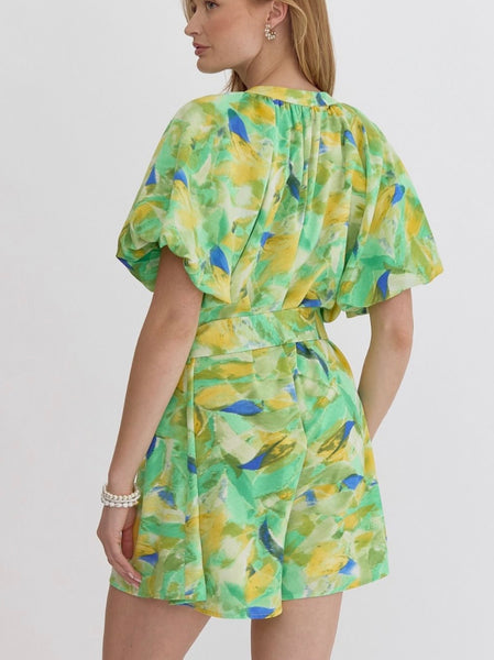 Harper Puff Sleeve Romper - Green Multi