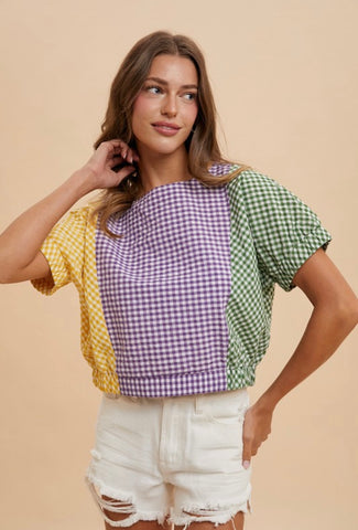 Billyday Ave Mardi Gras Gingham Blouse