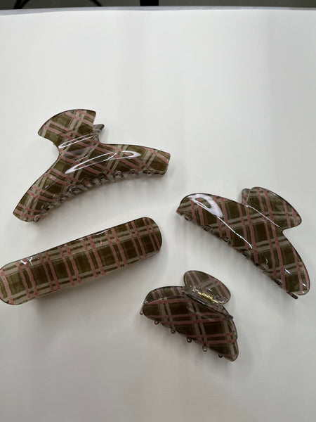 Olive Pink Plaid Clips