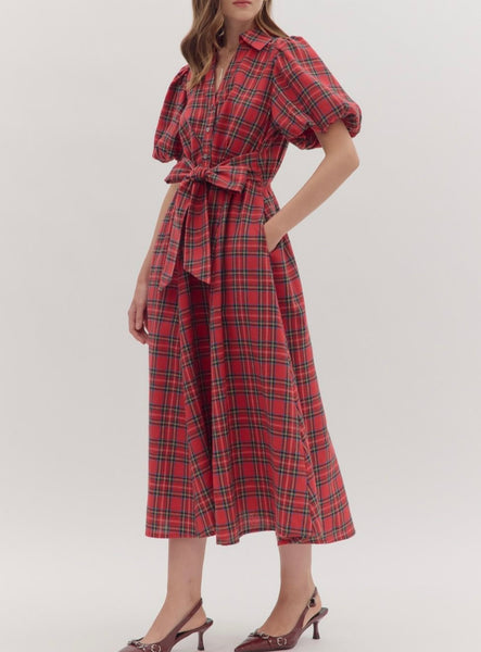 Maeve Plaid Midi Dress - Red