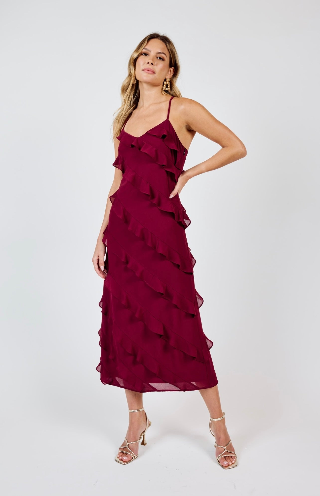 Sadie & Sage - All Invited Ruffle Midi Dress - Wine