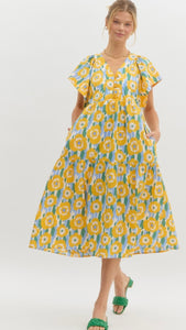 Forstall Ave Bright Floral Midi Dress - Yellow