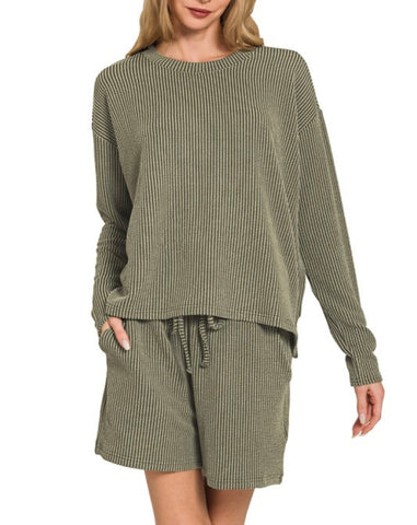 Leilani Ribbed L/S Top & Shorts Set - Olive
