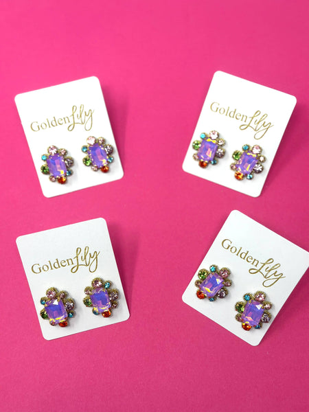 Golden Lily - Statement Stud Earrings - Iridescent Purple w/ Multi Stones