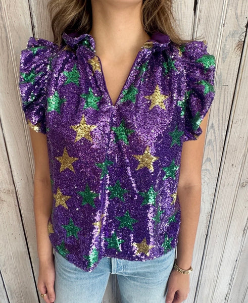 Mardi Gras Star Sequin Top