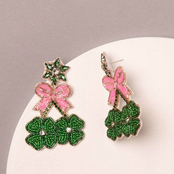 Four Leaf Clover & Pink Bow Earrings