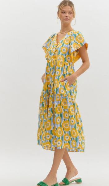 Forstall Ave Bright Floral Midi Dress - Yellow