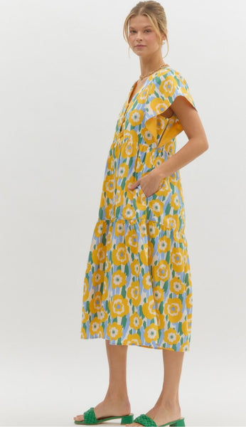 Forstall Ave Bright Floral Midi Dress - Yellow