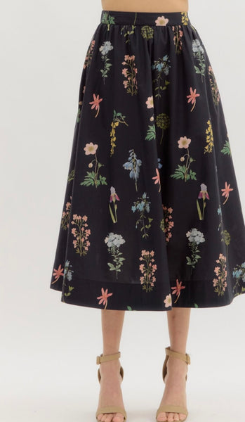 Emily Floral Midi Skirt & Top Set - Black