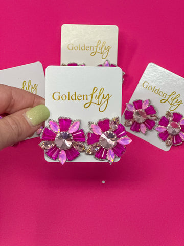 Golden Lily - Bead Burst Stud Earrings - Iridescent Pink
