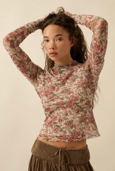 Kennedy Floral Mesh L/S Top - Cream