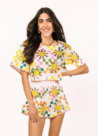 Queen of Sparkles - White Multi Checkered Sun Top
