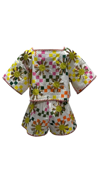 Queen of Sparkles - White Multi Checkered Sun Top