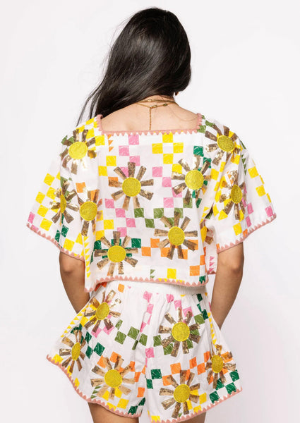 Queen of Sparkles - White Multi Checkered Sun Shorts