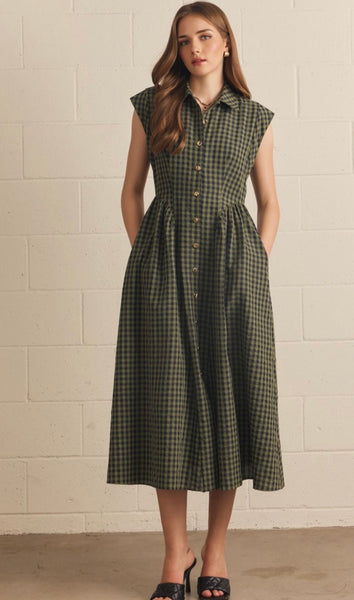 Kyle Gingham Midi Dress - Olive