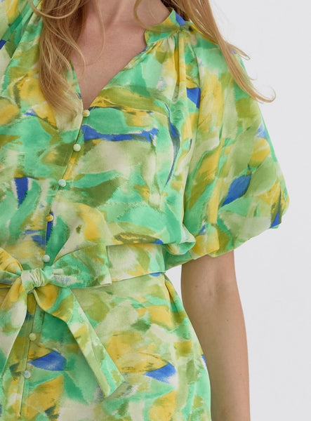 Harper Puff Sleeve Romper - Green Multi
