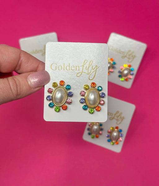 Golden Lily - Statement Stud Earrings - Pearl with Multi Stones