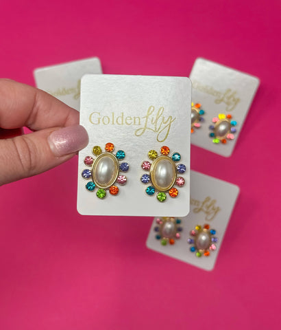 Golden Lily - Statement Stud Earrings - Pearl with Multi Stones