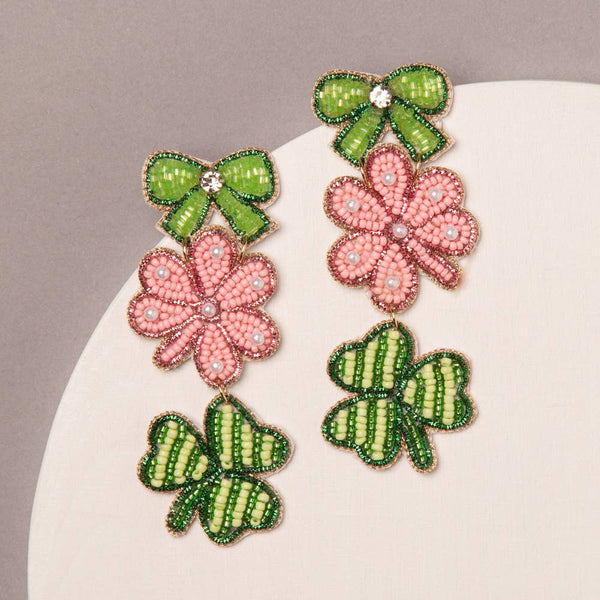 Shamrock with Pink Clover & Bow Earrings