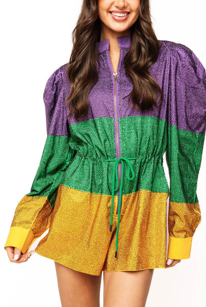 Queen of Sparkles - Mardi Gras Colorblock Full Rhinestone L/S Romper