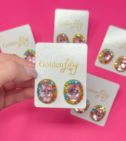 Golden Lily - Statement Stud Earrings - Pink Oval with Rhinestones