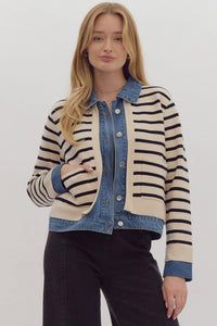 New Aurora Knit Contrasted Denim Jacket - Black & Cream