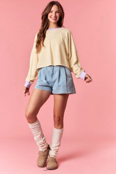 Striped French Terry Cropped Top - Light Yellow & Lavender