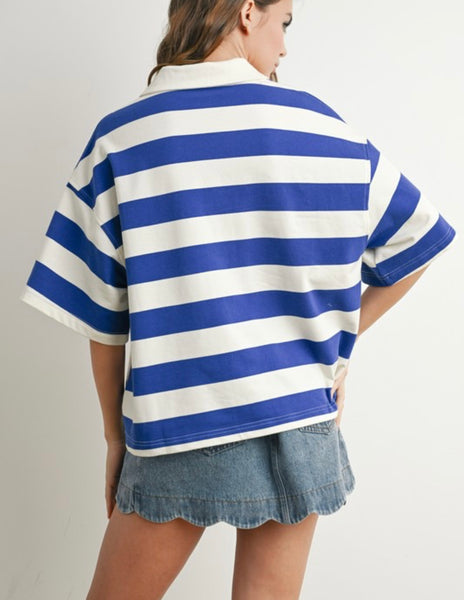 Camila Stripe Oversized Polo Top - Blue