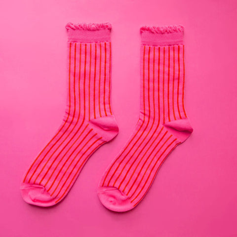 Sunshine Studios - Holiday Striped Crew Socks - Fuchsia