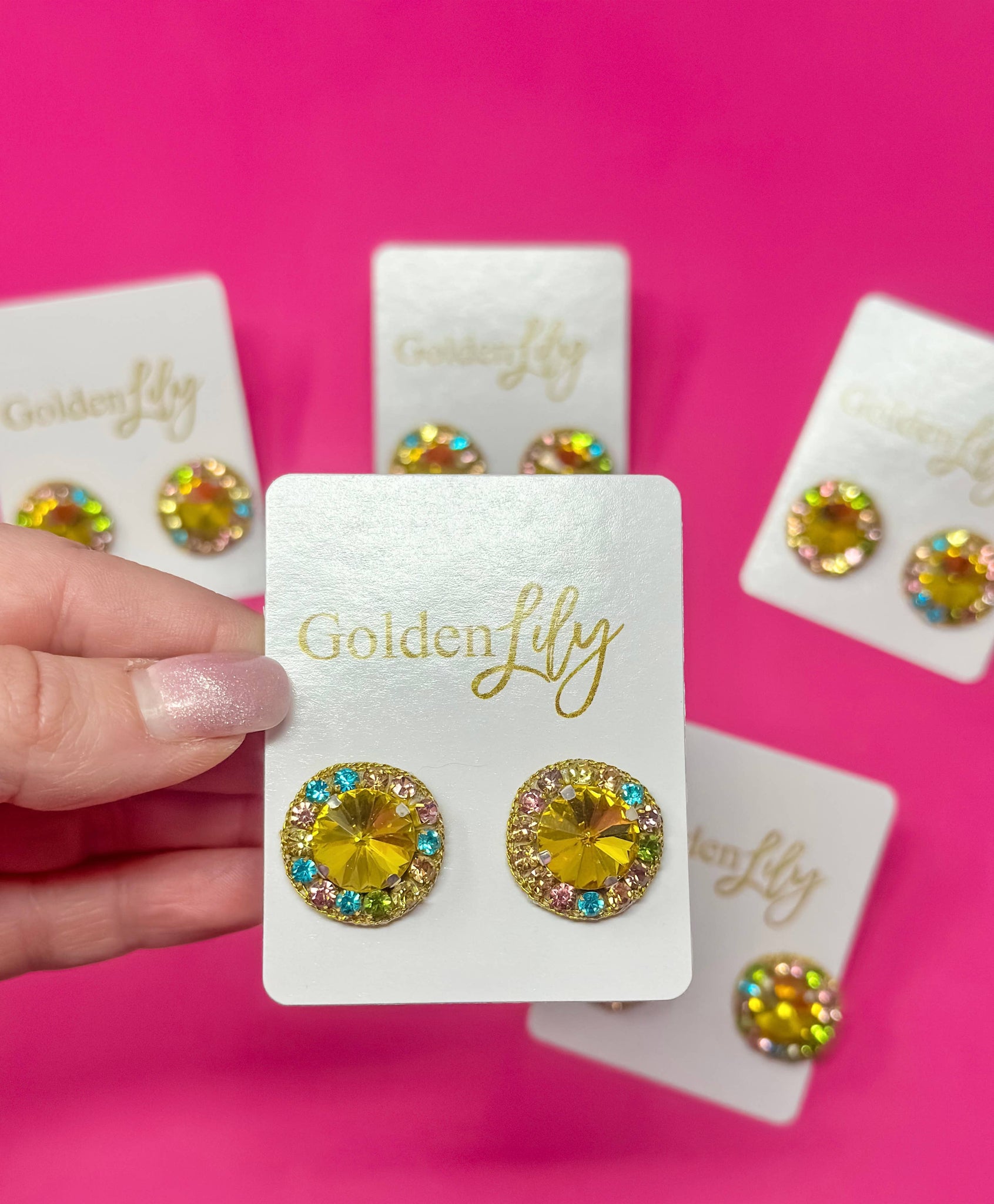 Golden Lily - Statement Stud Earrings - Yellow with Multi Stone