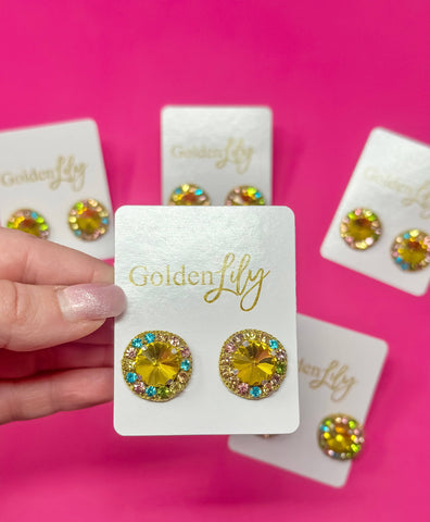 Golden Lily - Statement Stud Earrings - Yellow with Multi Stone