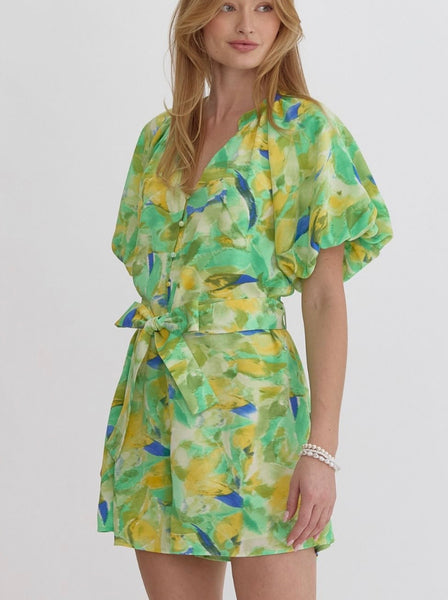 Harper Puff Sleeve Romper - Green Multi