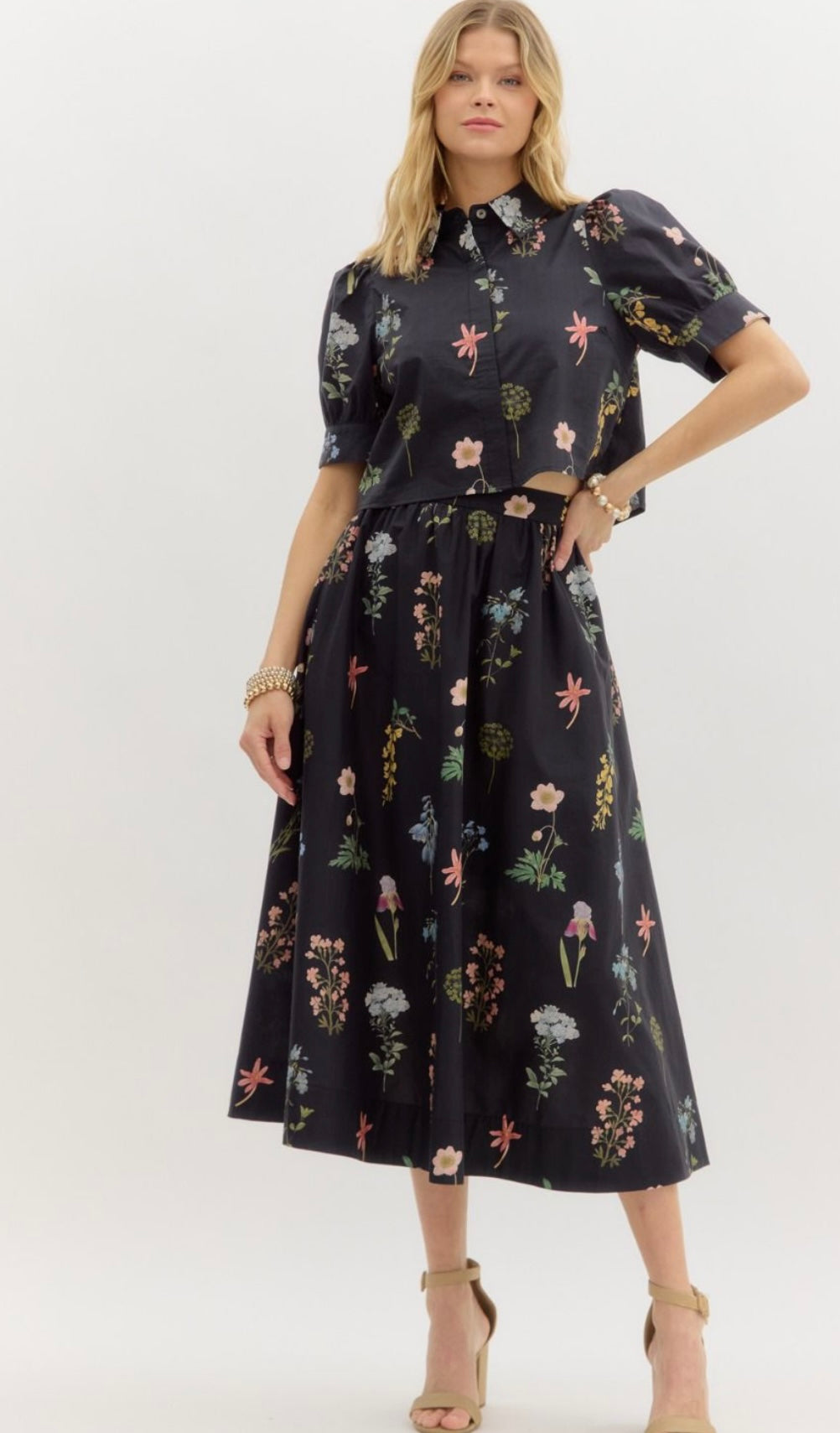 Emily Floral Midi Skirt & Top Set - Black