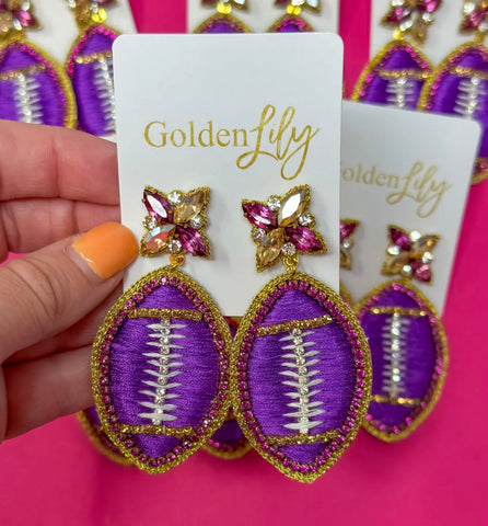 Dangle Football Earrings - Purple & Gold