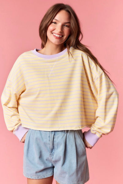 Striped French Terry Cropped Top - Light Yellow & Lavender