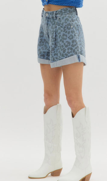 Filmore Ave Leopard Denim Shorts - Blue