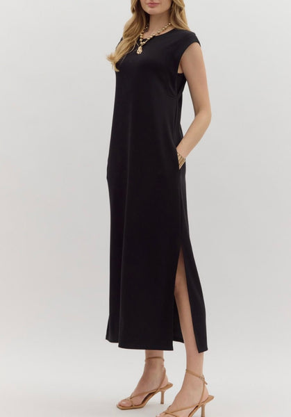 Adeline Solid Midi Dress - Black