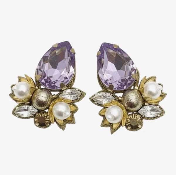 Golden Lily - Oval Rhinestone & Pearl Earrings - Purple
