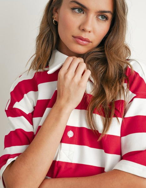 Camila Stripe Oversized Polo Top - Red