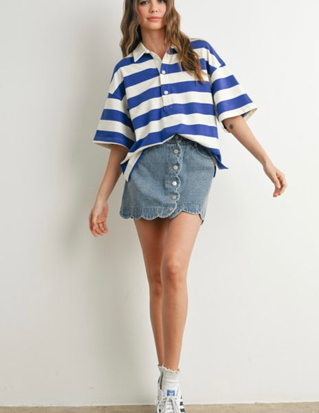Camila Stripe Oversized Polo Top - Blue