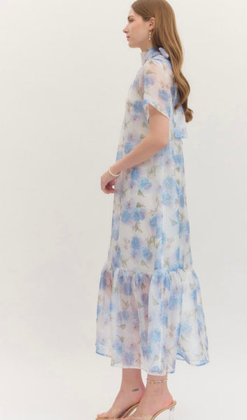 Alana Sheer Floral Midi Dress - Blue