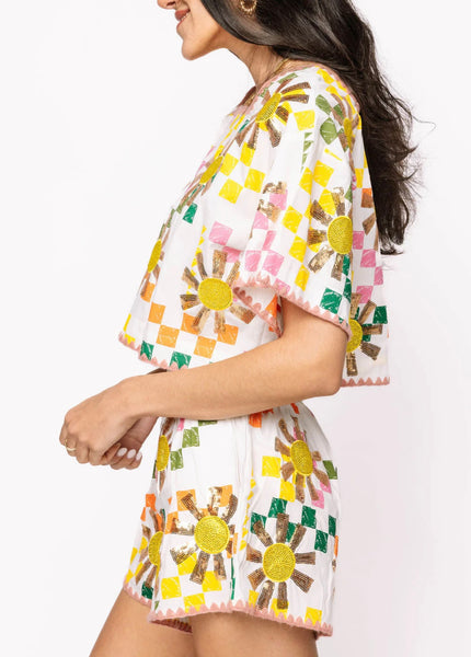 Queen of Sparkles - White Multi Checkered Sun Top