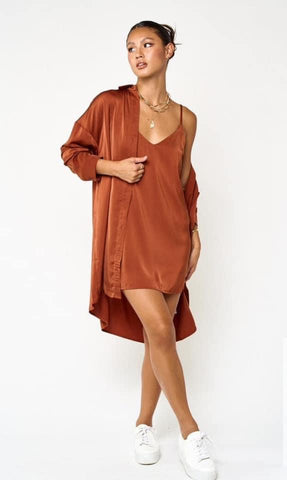 [Minor Defict Style] Aria Satin Slip Dress & Shirt Set - Cognac